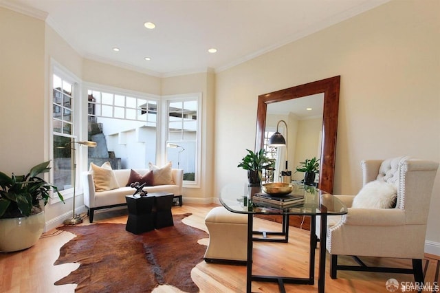 living area with crown molding and light hardwood / wood-style flooring