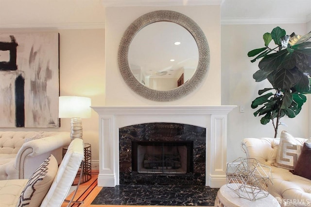 room details featuring hardwood / wood-style floors, ornamental molding, and a fireplace