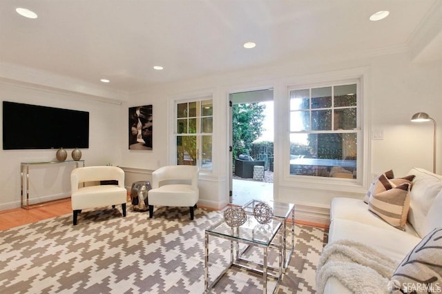 living room with wood-type flooring and ornamental molding