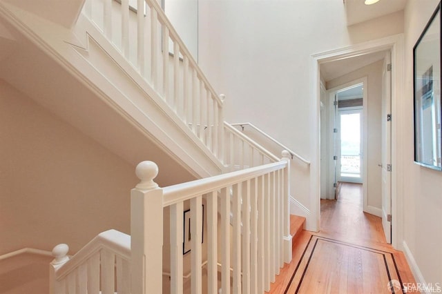 staircase with hardwood / wood-style flooring