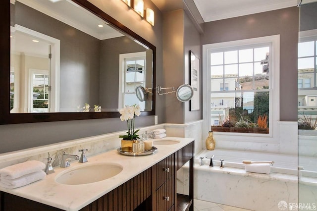 bathroom with tile patterned floors, a relaxing tiled tub, ornamental molding, and vanity