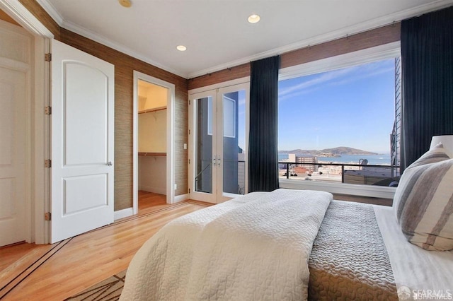 bedroom with a spacious closet, a mountain view, hardwood / wood-style flooring, a closet, and ornamental molding