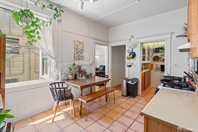 kitchen with ceiling fan, exhaust hood, and white gas stove