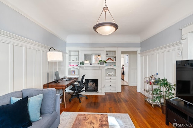 office area featuring dark wood-type flooring