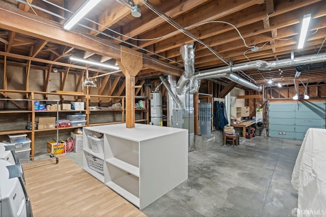 below grade area with secured water heater and heating unit