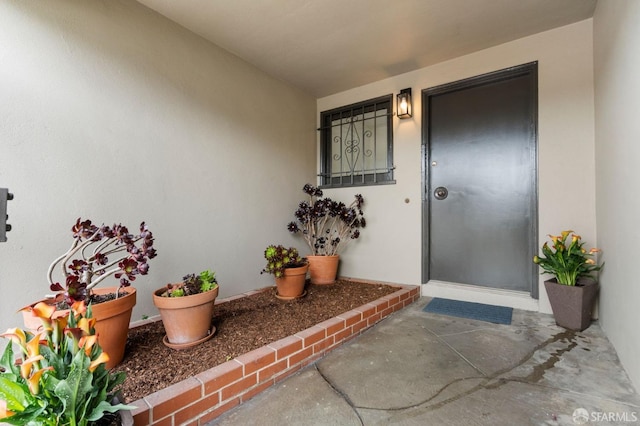 property entrance featuring stucco siding