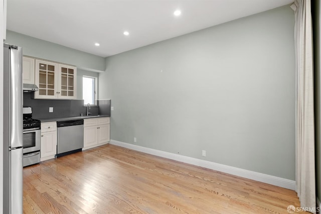 kitchen featuring baseboards, light wood-style floors, stainless steel appliances, under cabinet range hood, and a sink