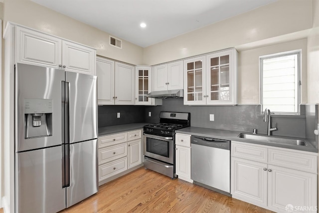kitchen featuring under cabinet range hood, stainless steel appliances, a sink, visible vents, and light wood-style floors