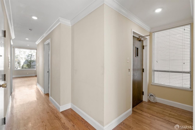 hall featuring light wood-type flooring, crown molding, and baseboards
