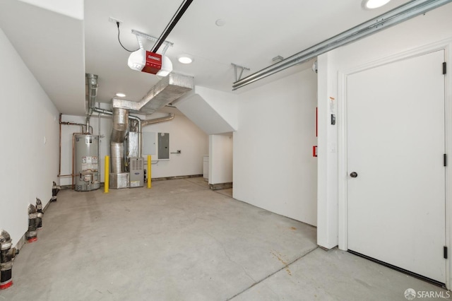 garage with electric panel, a garage door opener, and water heater