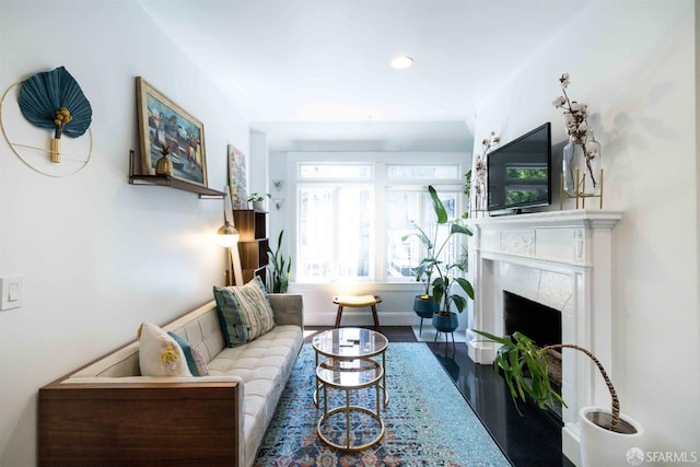 living room featuring a premium fireplace and hardwood / wood-style flooring