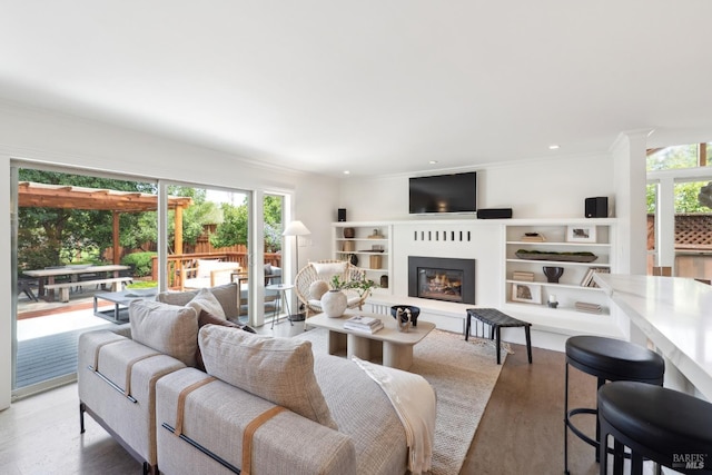 living area featuring light wood-style floors, a healthy amount of sunlight, ornamental molding, and a glass covered fireplace