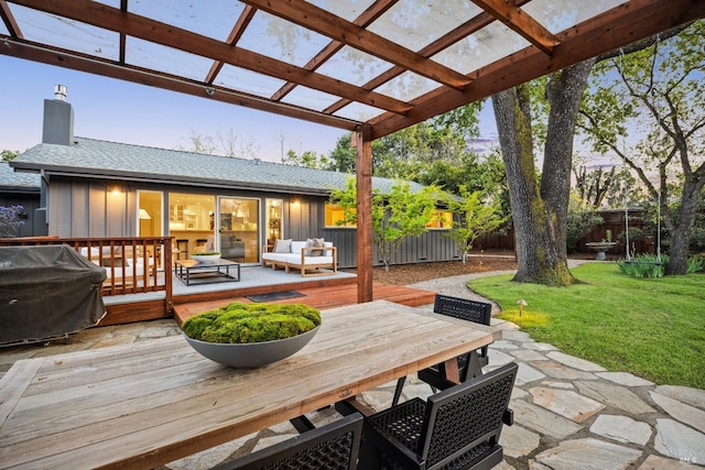 deck with a grill, a pergola, outdoor lounge area, outdoor dining space, and fence
