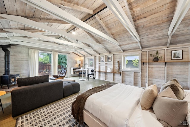 bedroom featuring a wood stove, wooden walls, wood ceiling, and vaulted ceiling with beams