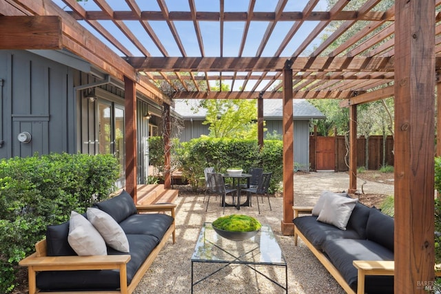 view of patio with a pergola, an outdoor living space, outdoor dining area, and fence