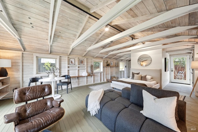 living area with wood ceiling, a healthy amount of sunlight, lofted ceiling with beams, and hardwood / wood-style flooring