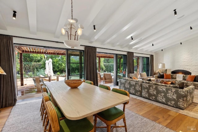 dining area featuring lofted ceiling with beams, light wood finished floors, and plenty of natural light