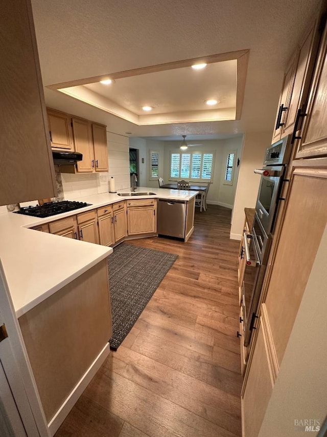 kitchen featuring sink, kitchen peninsula, a tray ceiling, light brown cabinetry, and hardwood / wood-style floors