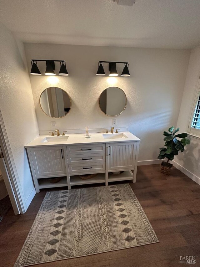 bathroom with hardwood / wood-style flooring and vanity