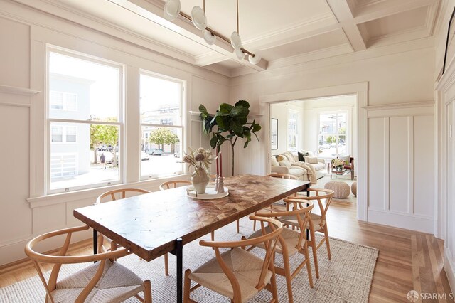 1600 Anza St, San Francisco, CA 94118 - dining area featuring a decorative wall, coffered ceiling, light wood finished floors, beam ceiling, and crown molding