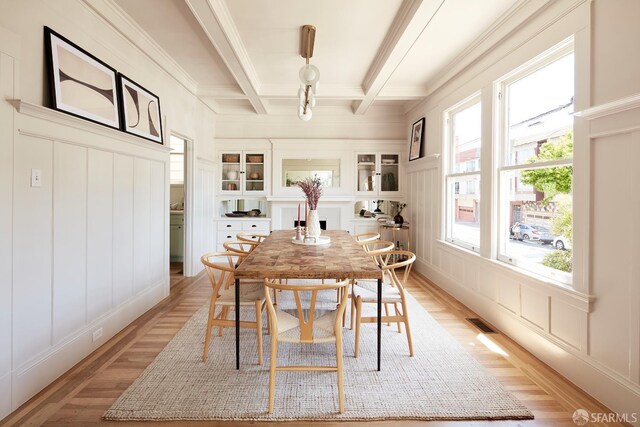 1600 Anza St, San Francisco, CA 94118 - dining area with a decorative wall, light wood-style floors, beam ceiling, and coffered ceiling