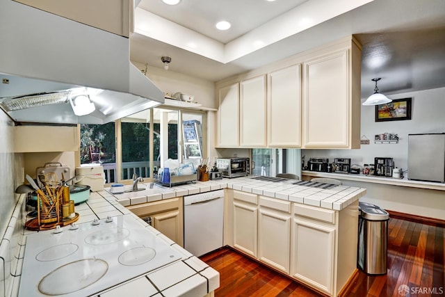 3410 Big Oak Ct, Hayward, CA 94542 - kitchen featuring white appliances, ventilation hood, a peninsula, dark wood-style flooring, and tile countertops
