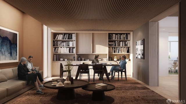 living area featuring built in shelves