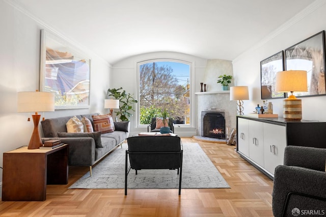 62 Manchester St, San Francisco, CA 94110 - living area featuring a warm lit fireplace and lofted ceiling