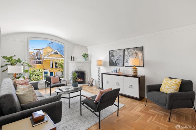 62 Manchester St, San Francisco, CA 94110 - living room with a lit fireplace, crown molding, and lofted ceiling