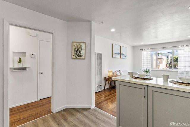 kitchen with baseboards, light countertops, wood finished floors, and gray cabinetry