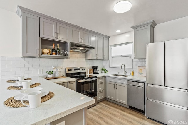 kitchen featuring under cabinet range hood, stainless steel appliances, a sink, gray cabinets, and decorative backsplash