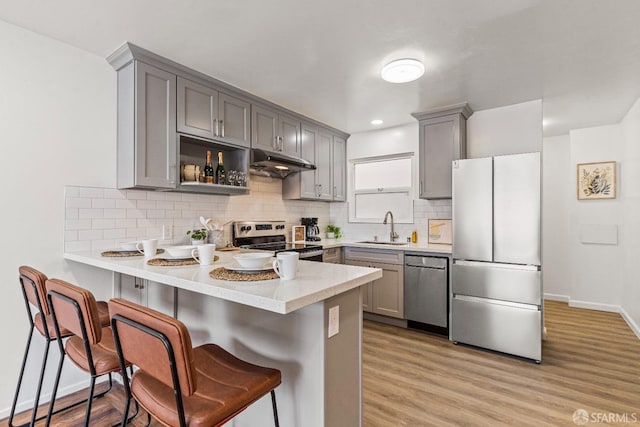 kitchen with gray cabinetry, under cabinet range hood, a peninsula, a sink, and appliances with stainless steel finishes