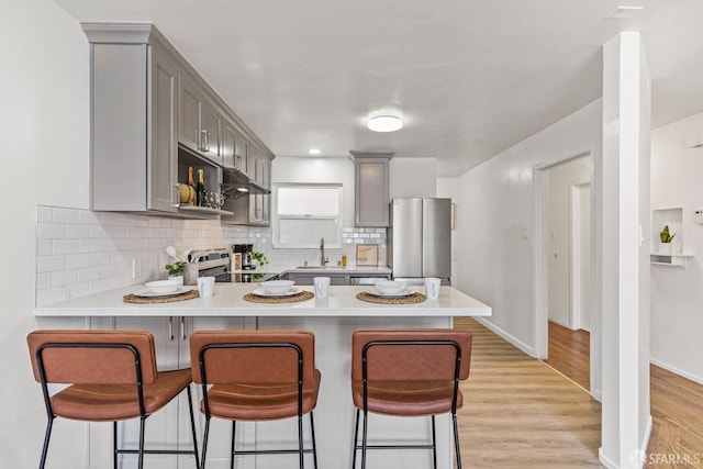 kitchen with gray cabinetry, a peninsula, a sink, light countertops, and appliances with stainless steel finishes