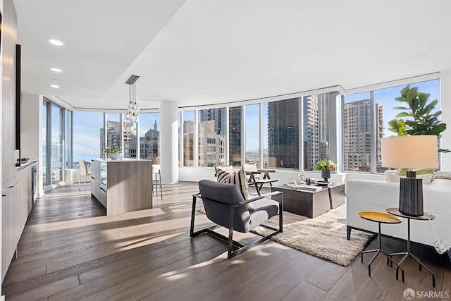 living area featuring hardwood / wood-style flooring, a view of city, and recessed lighting