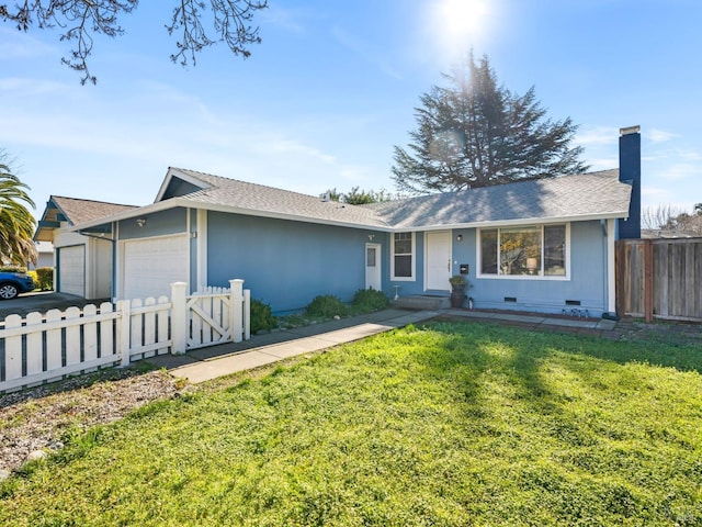 ranch-style home with a garage, a chimney, crawl space, fence, and a front yard