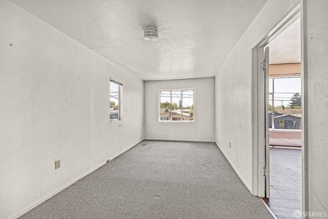 unfurnished room with carpet and a textured ceiling