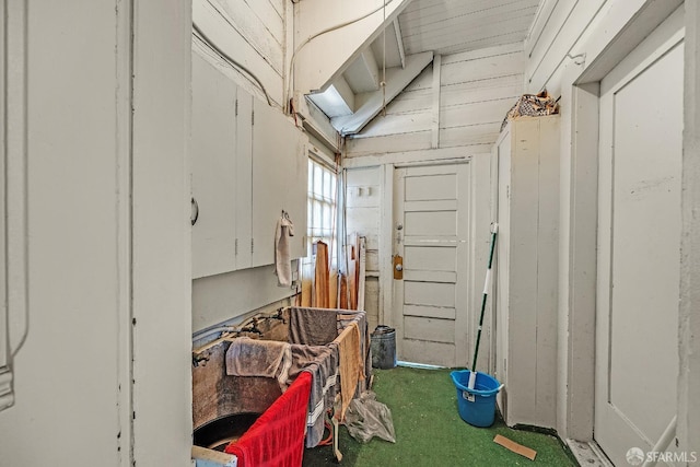 miscellaneous room featuring wooden walls and carpet