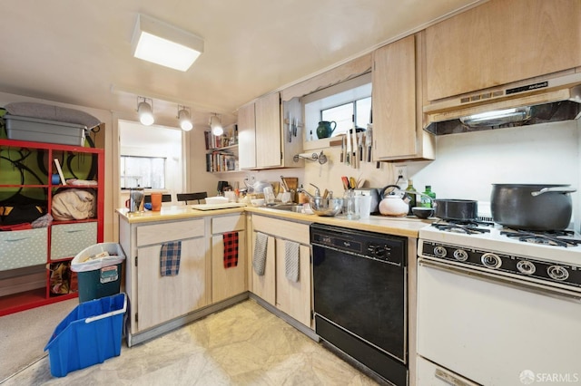 kitchen featuring light brown cabinetry, sink, black dishwasher, and gas range gas stove