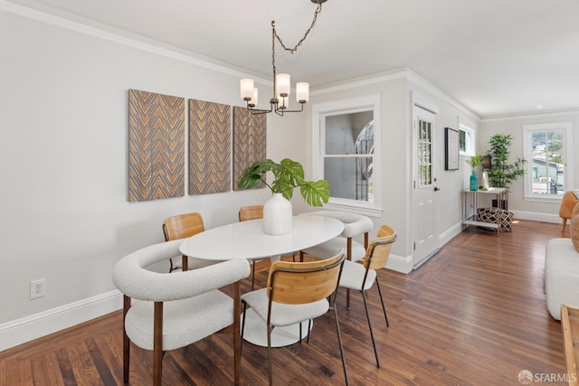 287 Staples Ave, San Francisco, CA 94112 - dining space with baseboards, a chandelier, ornamental molding, and dark wood-style flooring