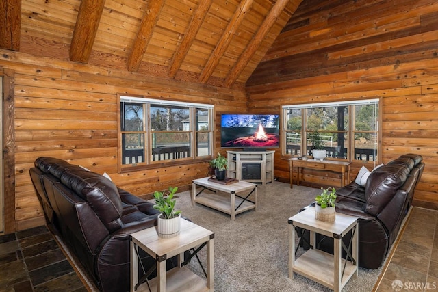 living room featuring wood ceiling, beamed ceiling, high vaulted ceiling, and wood walls