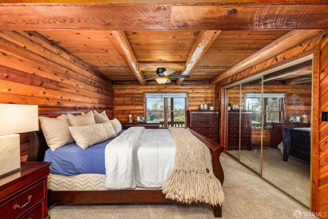 bedroom with log walls, access to outside, light colored carpet, wood ceiling, and beam ceiling