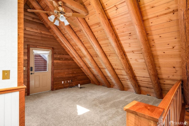 bonus room with vaulted ceiling with beams, wood ceiling, wooden walls, and carpet