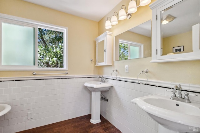 3062 Soda Canyon Rd, Napa, CA 94558 - bathroom with tile walls, a wainscoted wall, and wood finished floors