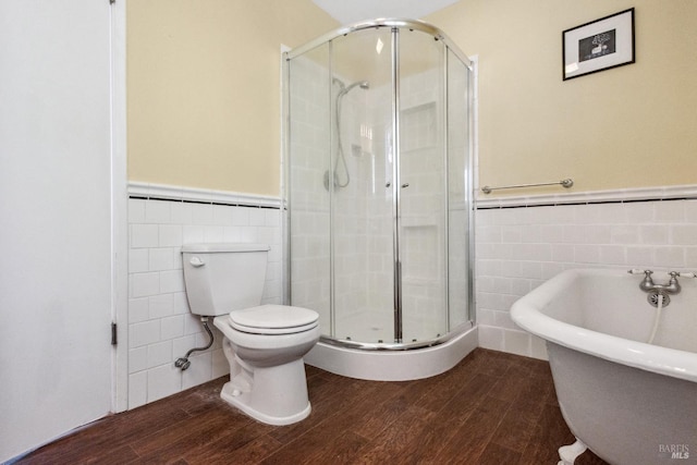 3062 Soda Canyon Rd, Napa, CA 94558 - bathroom with tile walls, wainscoting, a freestanding tub, a shower stall, and wood finished floors