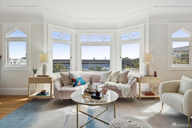 living area with wood finished floors and baseboards