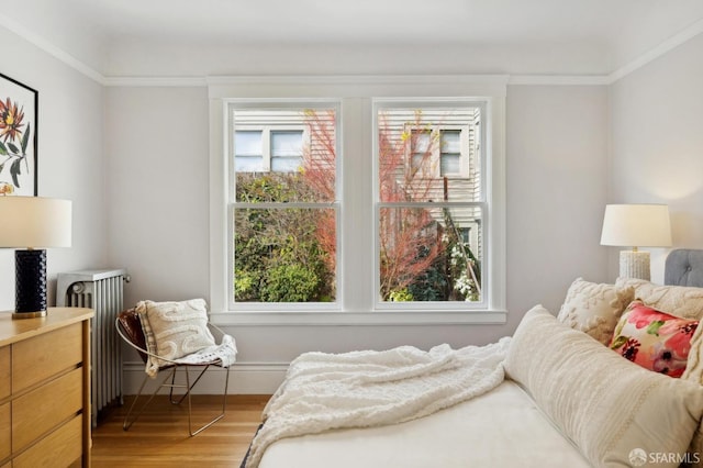 bedroom featuring light wood-style flooring and radiator heating unit