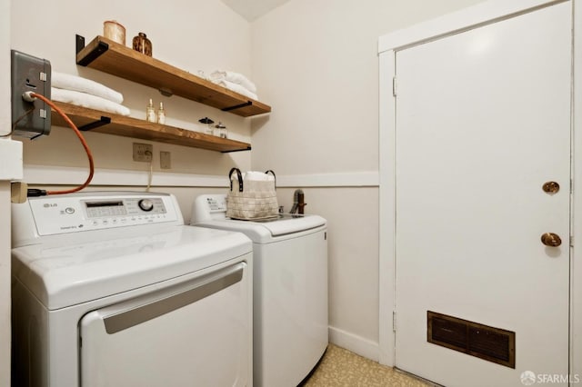 laundry room featuring laundry area, visible vents, and separate washer and dryer