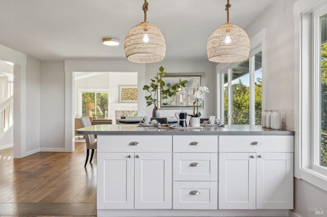 bar featuring hardwood / wood-style flooring, a healthy amount of sunlight, pendant lighting, and white cabinets