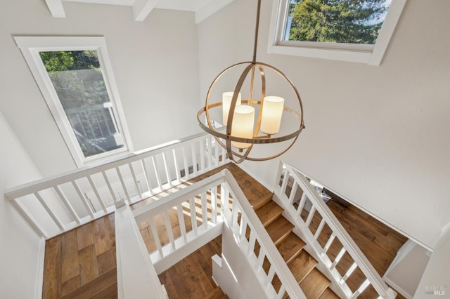 stairway featuring wood-type flooring, a healthy amount of sunlight, and a chandelier