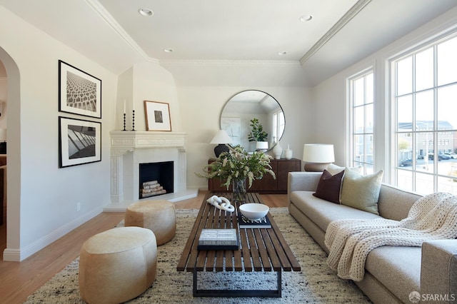 living area featuring arched walkways, wood finished floors, baseboards, crown molding, and a fireplace with raised hearth
